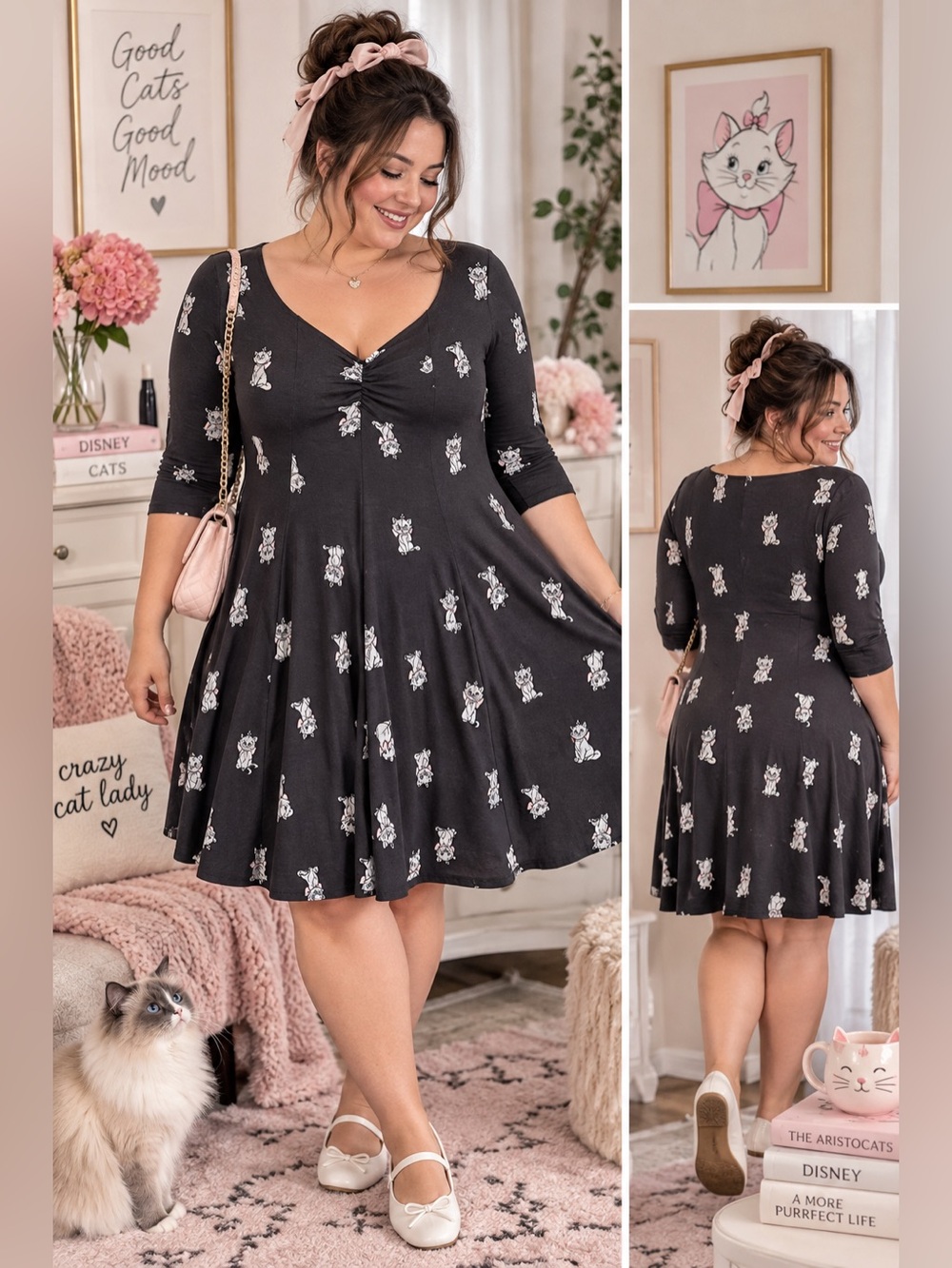 Disney Aristocats Marie Gray Fit & Flare Dress Women’s 0X Coquette Y2K Cat